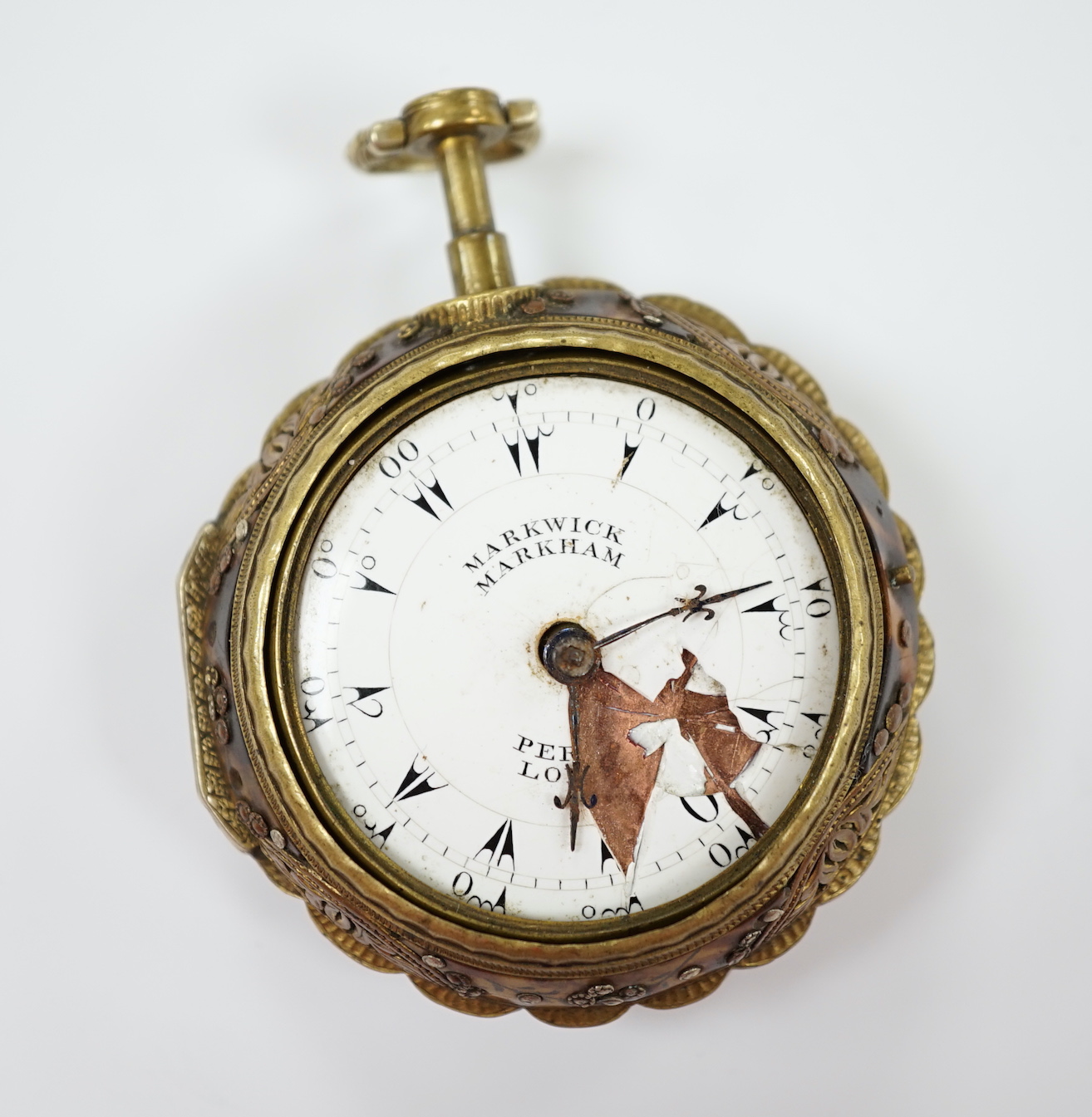 A late 18th century gilt metal and painted tortoiseshell mounted pair cased repeating pocket watch, made for the Turkish market, by Markwick Markham Perigal, London (a.f.).